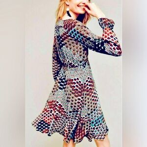 Maeve Long Sleeved Boho Scalloped Pattern Dress Anthropologie S